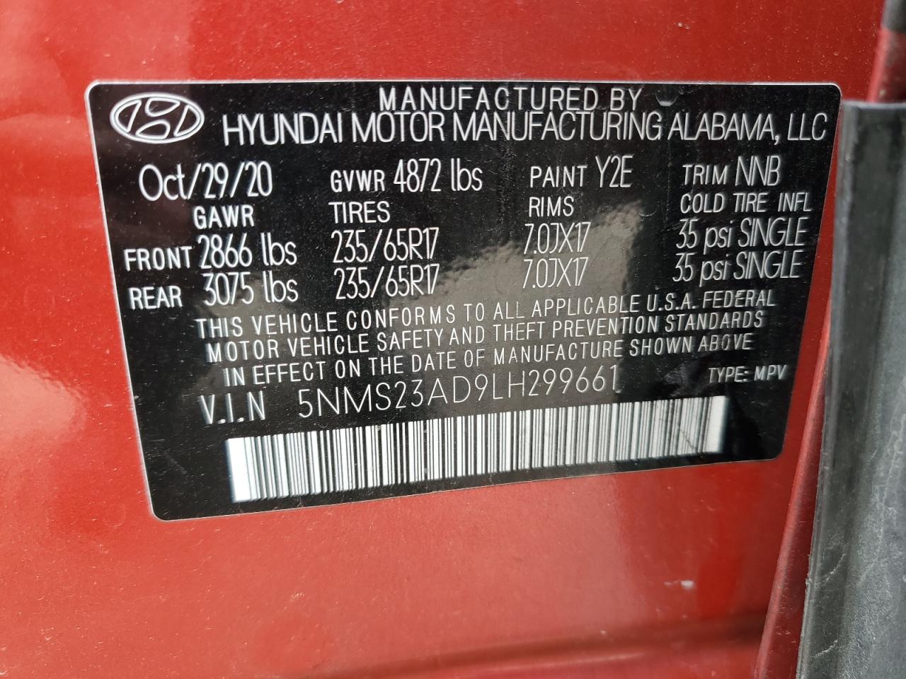 2020 Hyundai Santa Fe Se VIN: 5NMS23AD9LH299661 Lot: 56753214