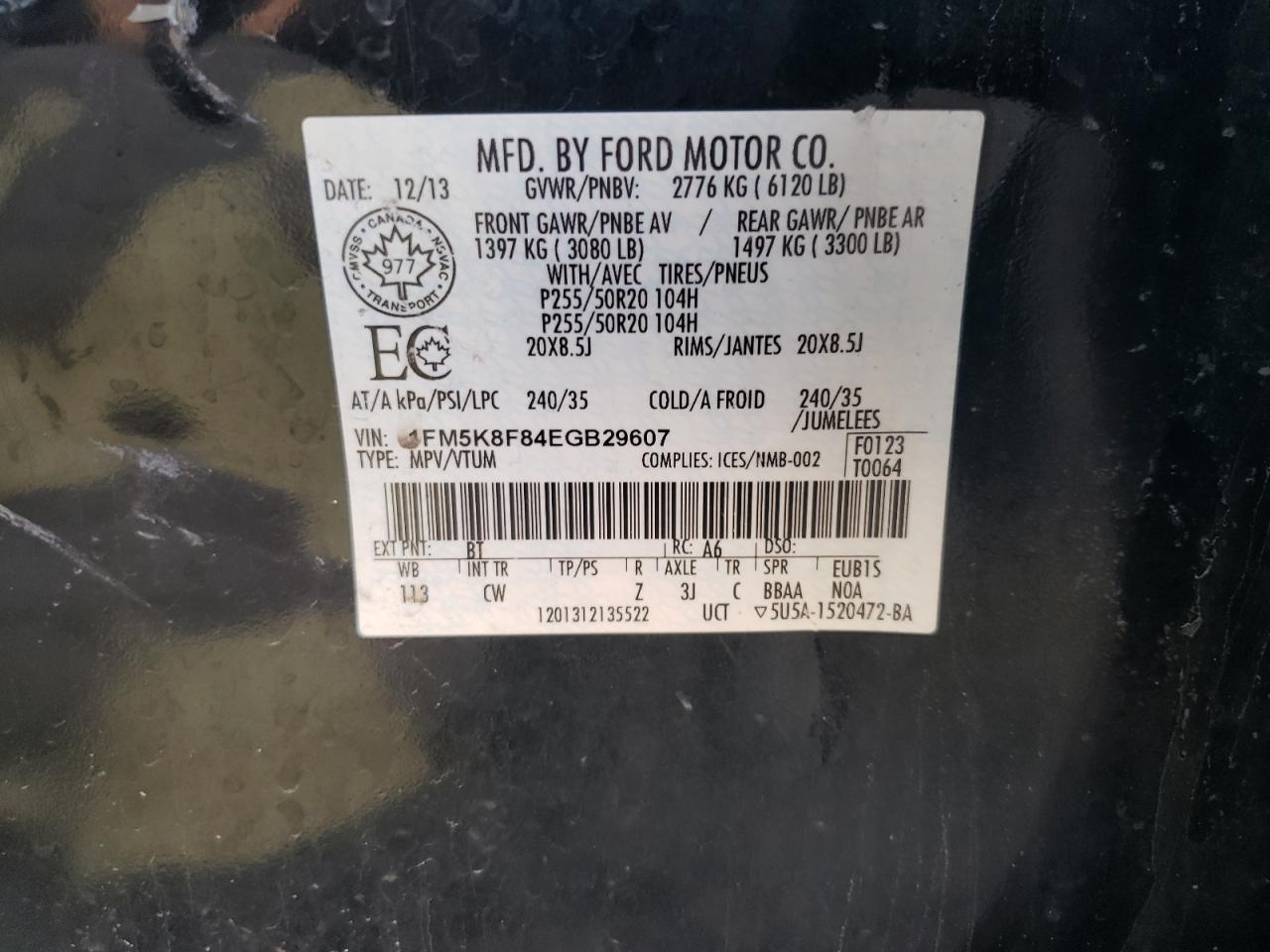 2014 Ford Explorer Limited VIN: 1FM5K8F84EGB29607 Lot: 54560034