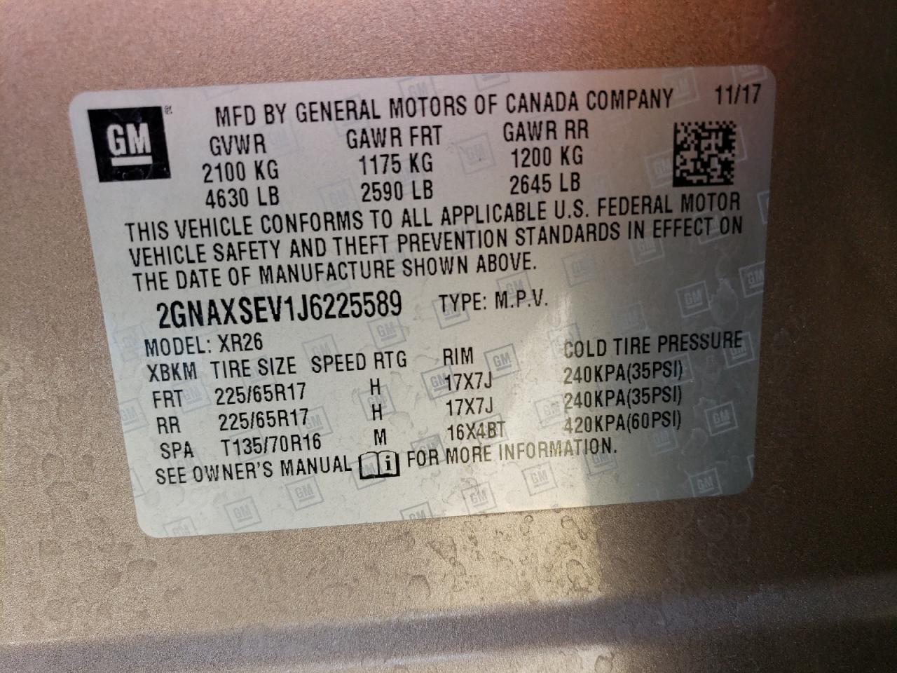 2GNAXSEV1J6225589 2018 Chevrolet Equinox Lt