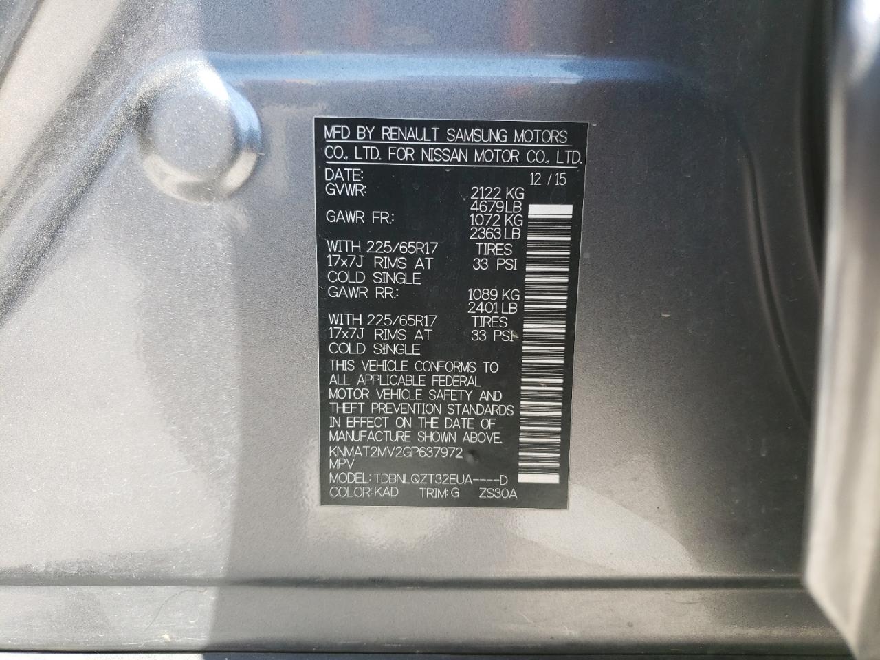 2016 Nissan Rogue S VIN: KNMAT2MV2GP637972 Lot: 55554894