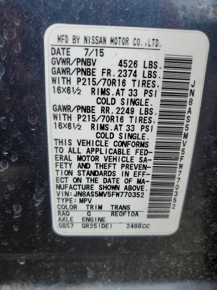 2015 Nissan Rogue Select S VIN: JN8AS5MV5FW770352 Lot: 55549064