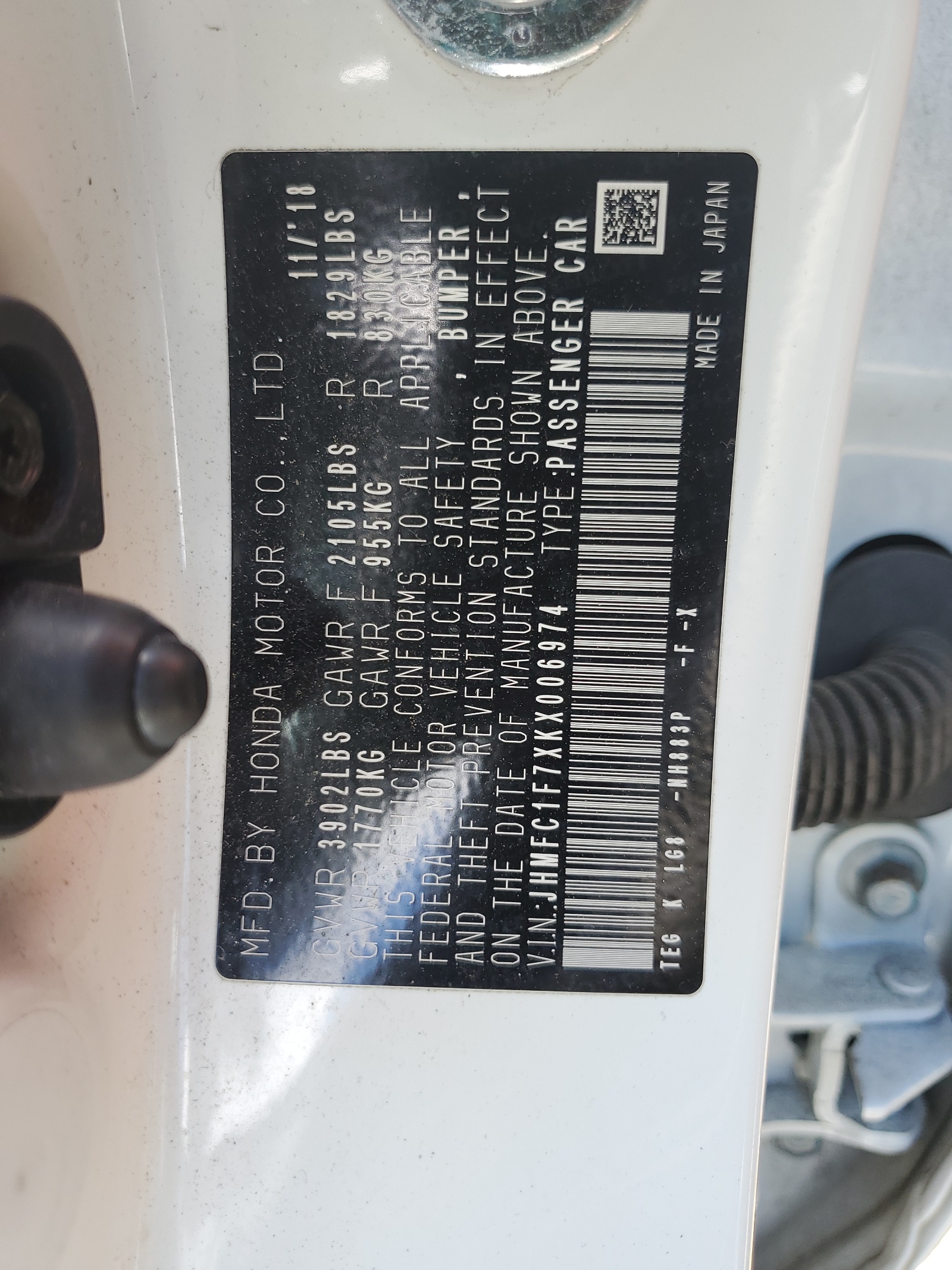 JHMFC1F7XKX006974 2019 Honda Civic Exl