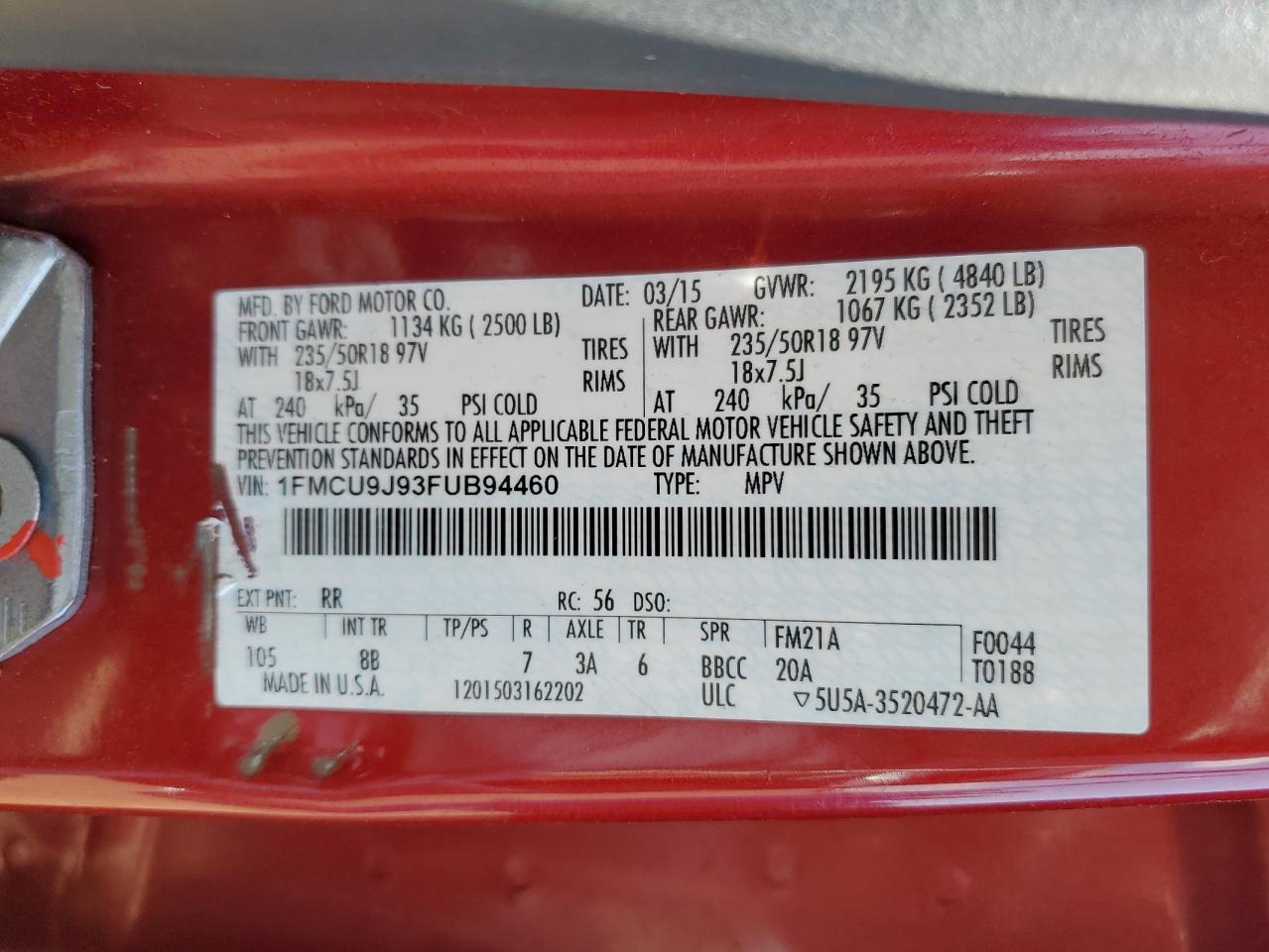 1FMCU9J93FUB94460 2015 Ford Escape Titanium