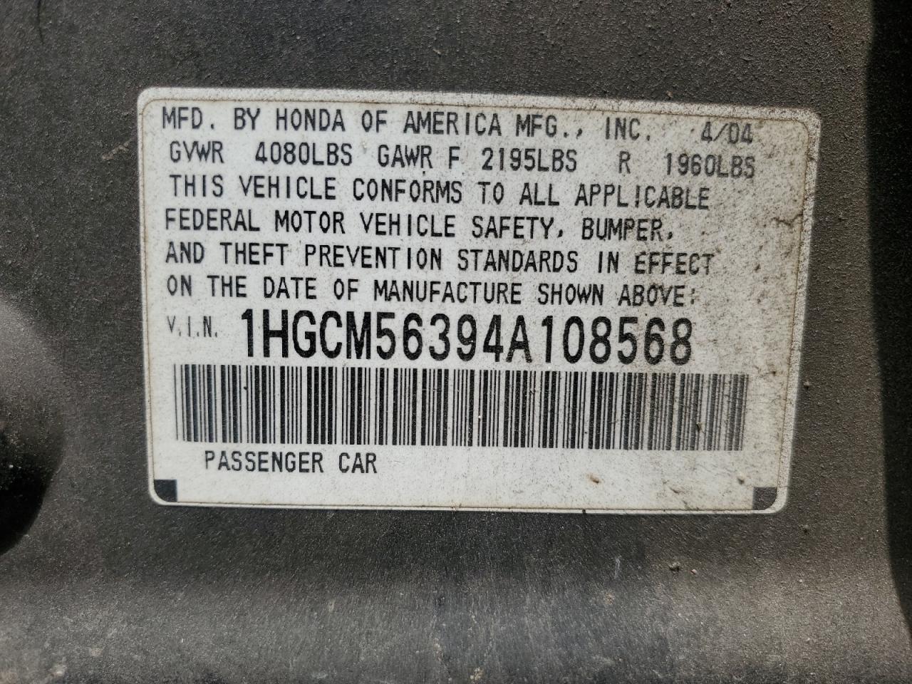 1HGCM56394A108568 2004 Honda Accord Lx