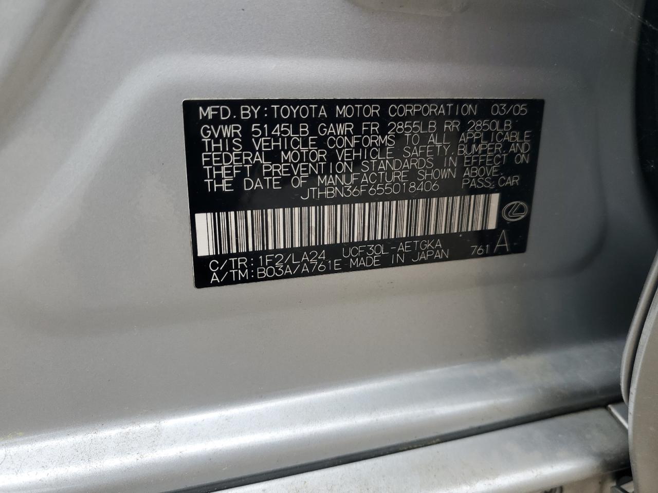 2005 Lexus Ls 430 VIN: JTHBN36F655018406 Lot: 54311444