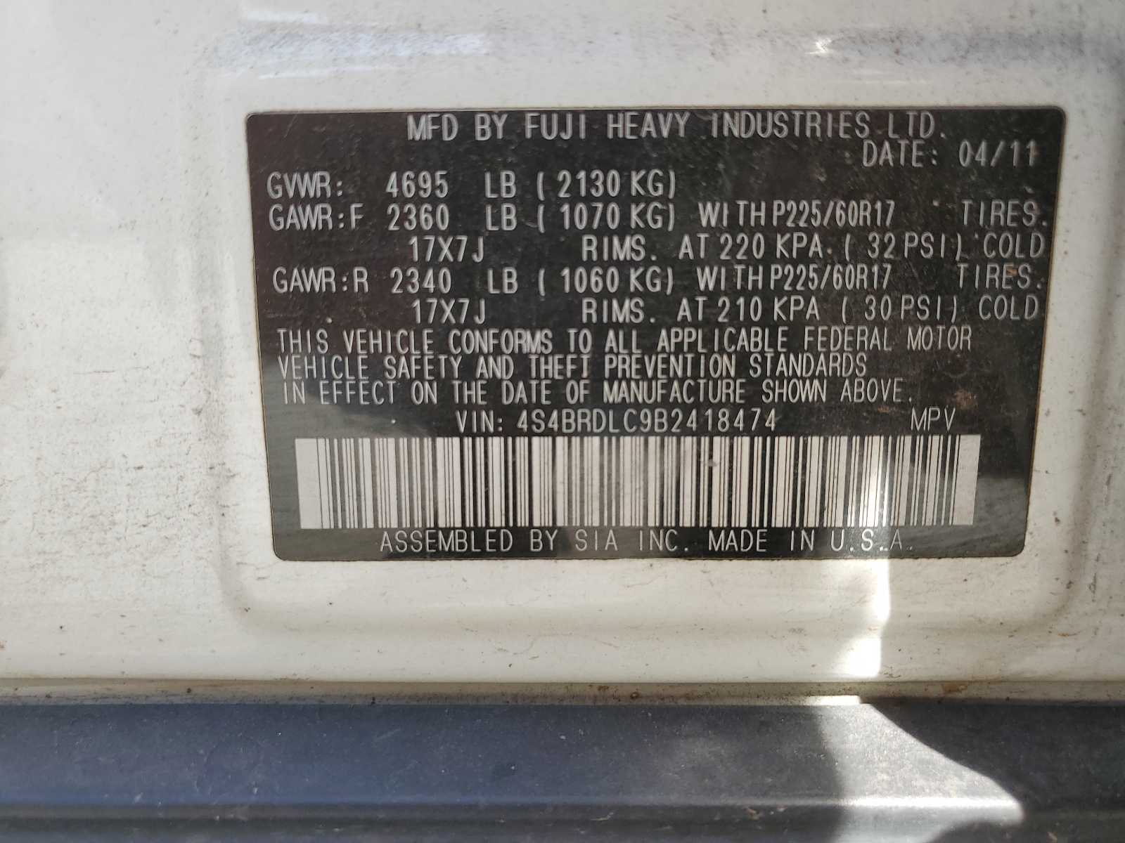 4S4BRDLC9B2418474 2011 Subaru Outback 3.6R Limited