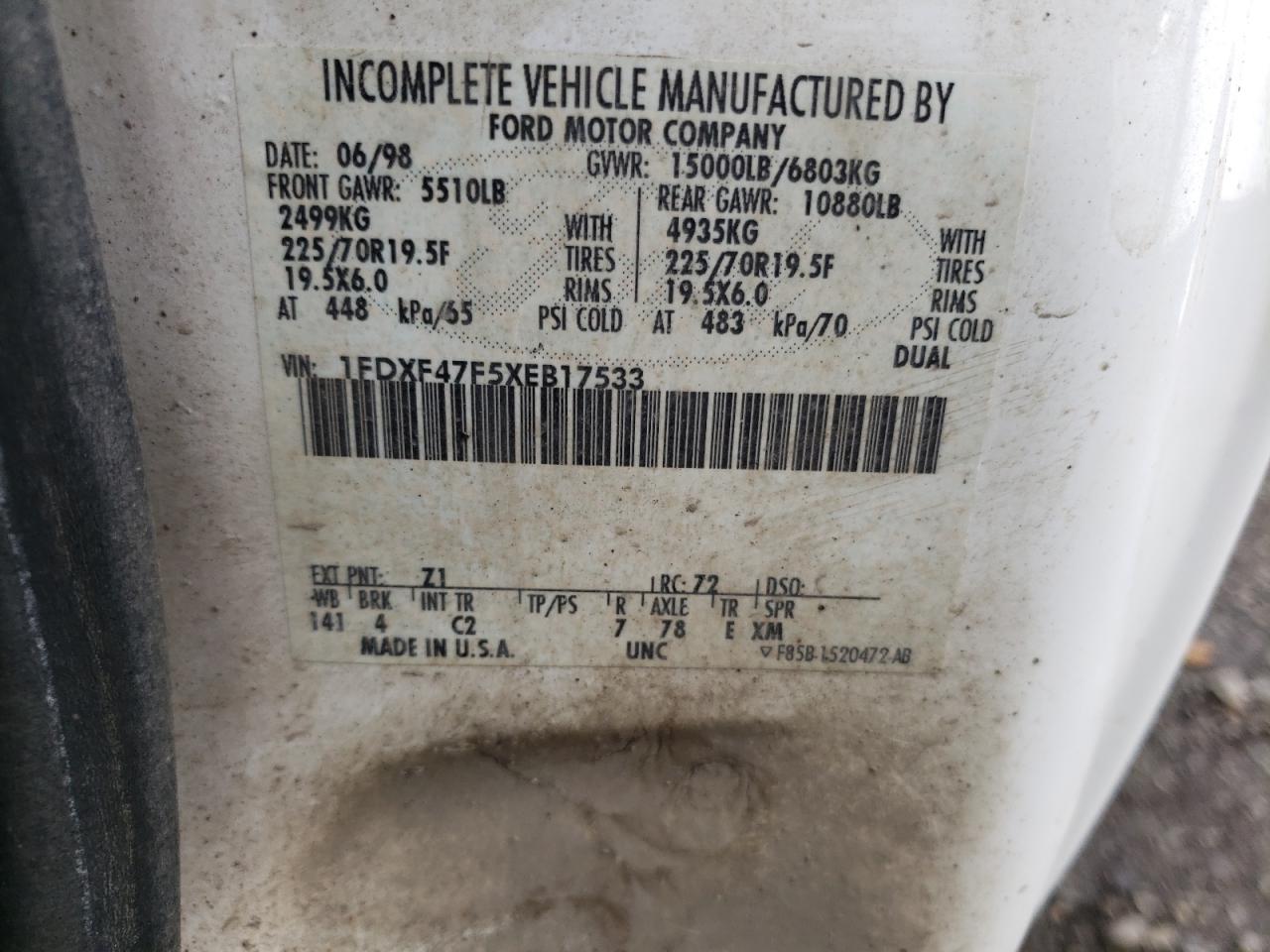 1999 Ford F450 Super Duty VIN: 1FDXF47F5XEB17533 Lot: 55214884