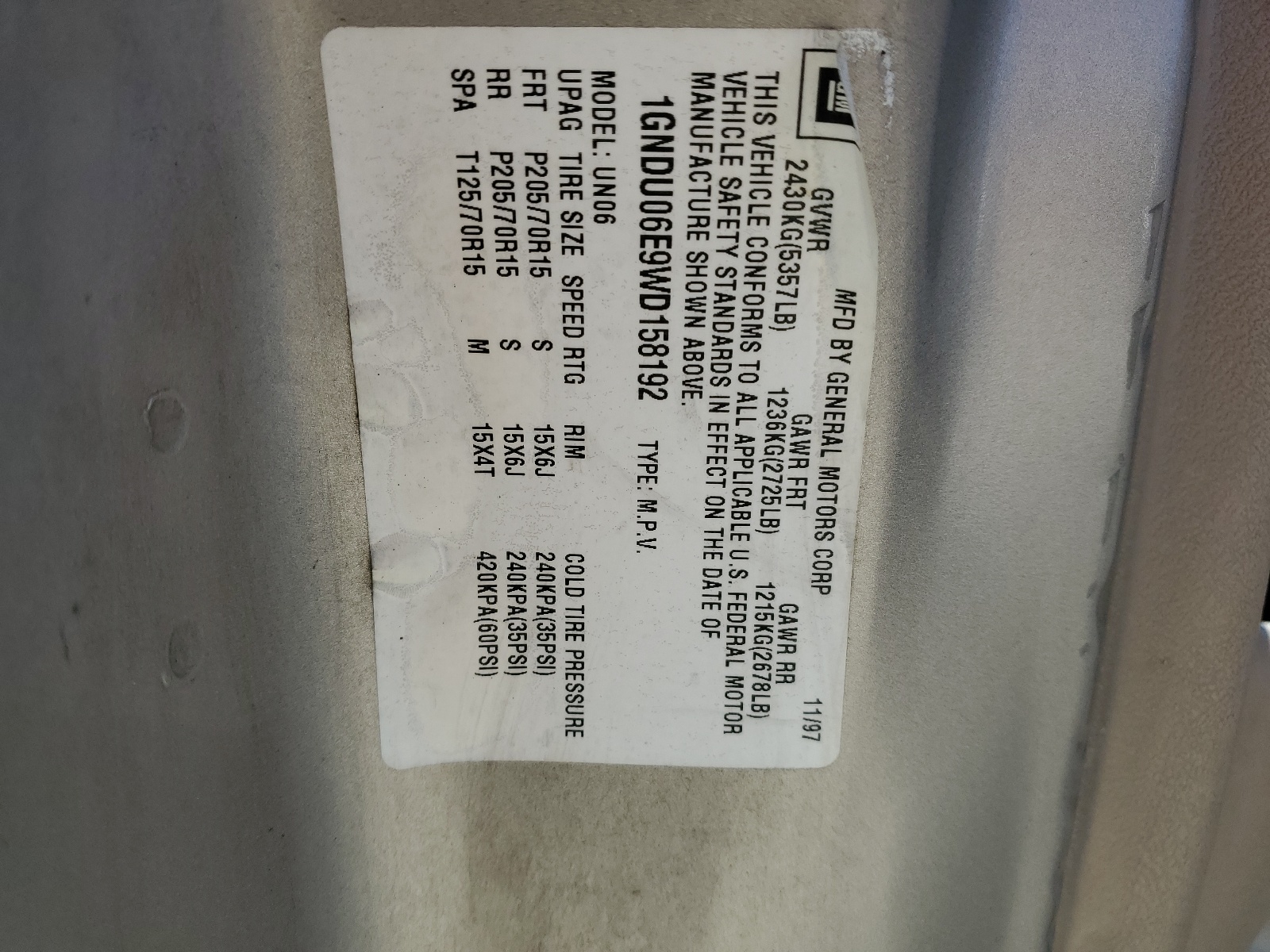 1GNDU06E9WD158192 1998 Chevrolet Venture