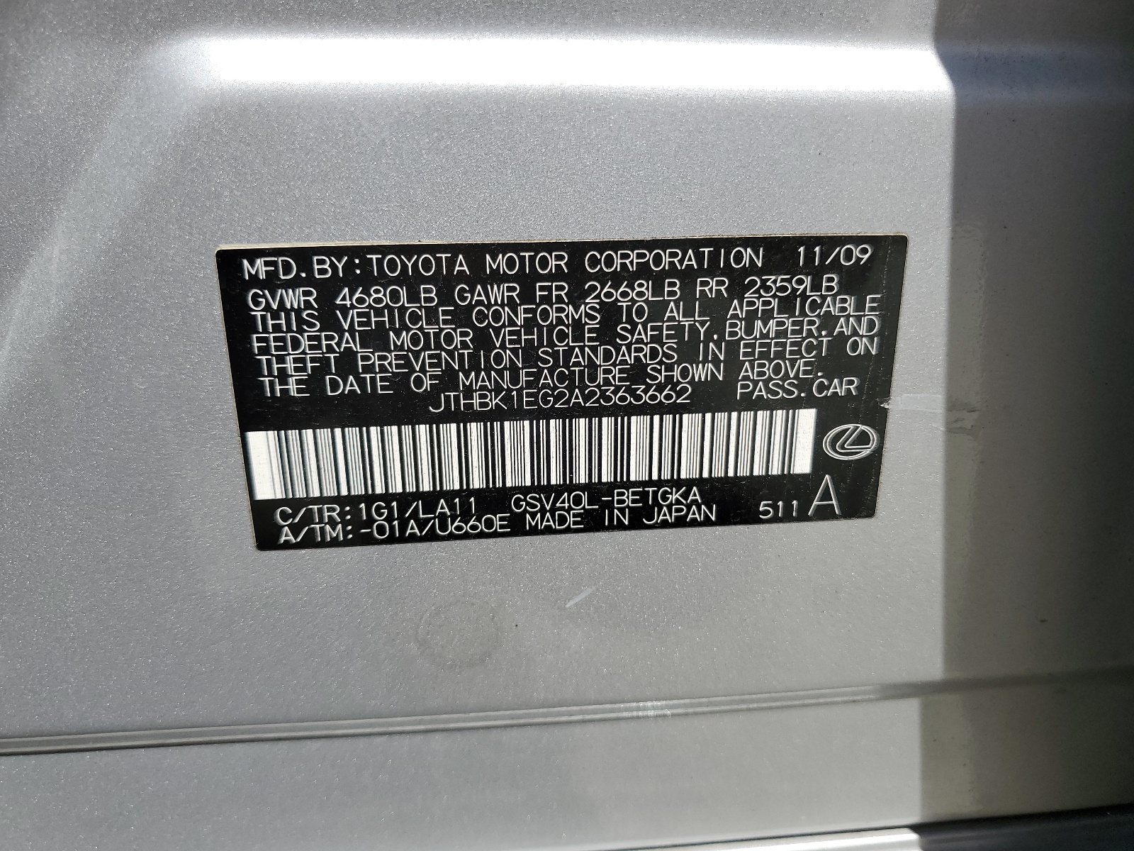 JTHBK1EG2A2363662 2010 Lexus Es 350