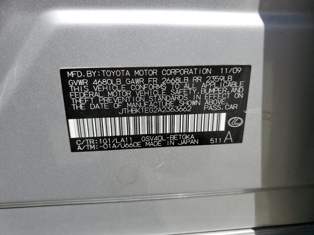 2010 Lexus Es 350 VIN: JTHBK1EG2A2363662 Lot: 56521114