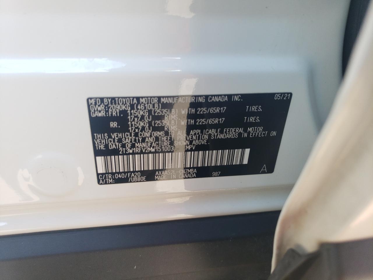 2021 Toyota Rav4 Xle VIN: 2T3W1RFV2MW151003 Lot: 53771734