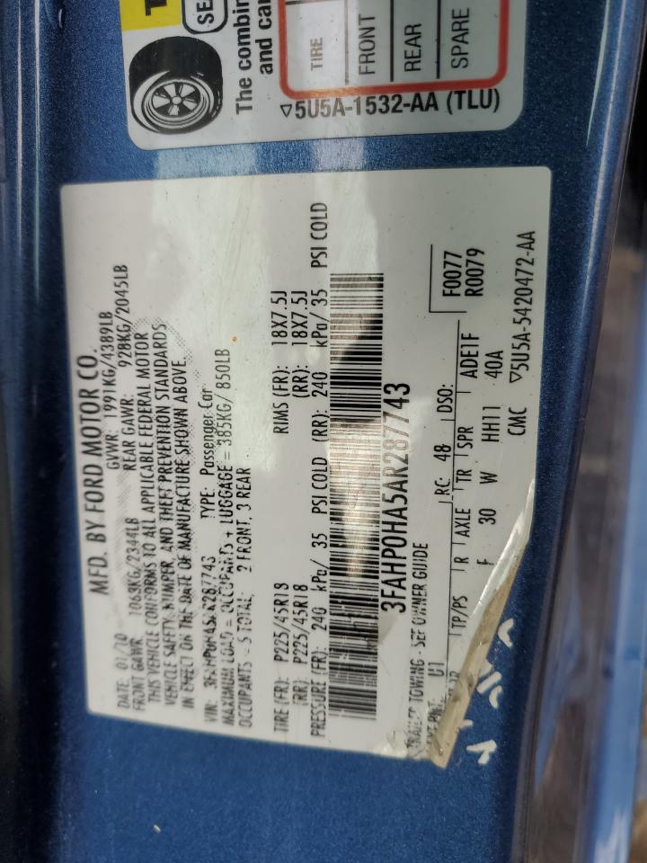 2010 Ford Fusion Se VIN: 3FAHP0HA5AR287743 Lot: 56614664