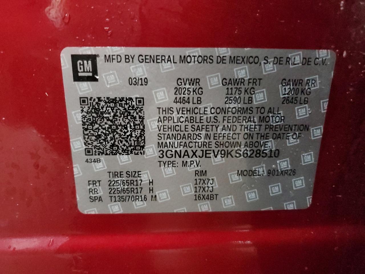 3GNAXJEV9KS628510 2019 Chevrolet Equinox Lt