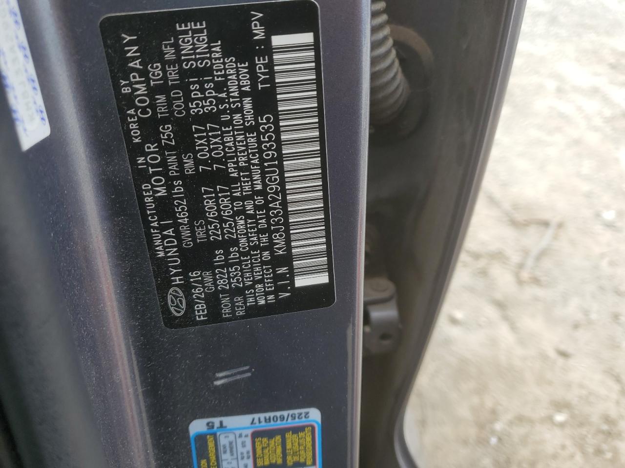 2016 Hyundai Tucson Limited VIN: KM8J33A29GU193535 Lot: 55510794