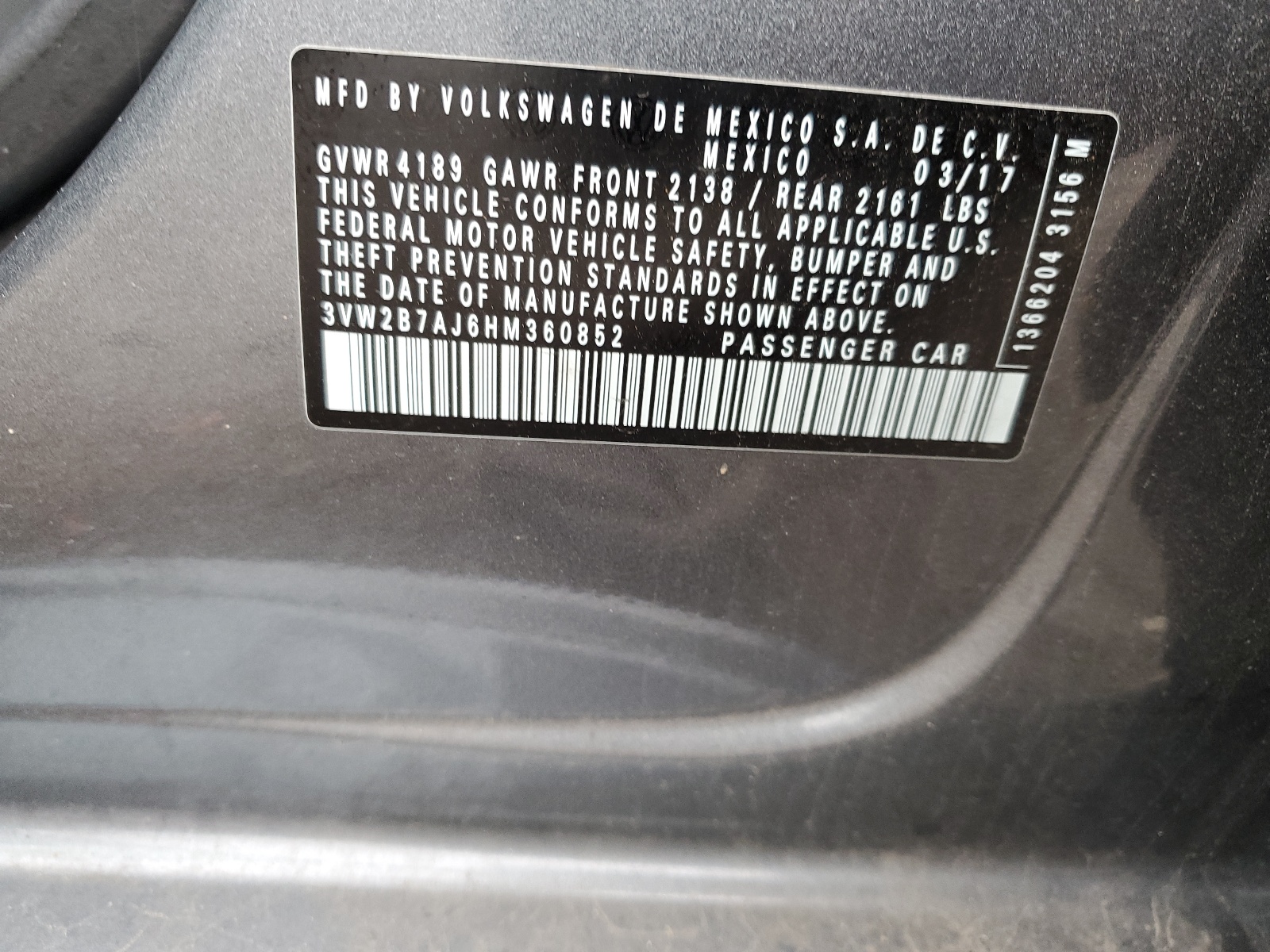 3VW2B7AJ6HM360852 2017 Volkswagen Jetta S