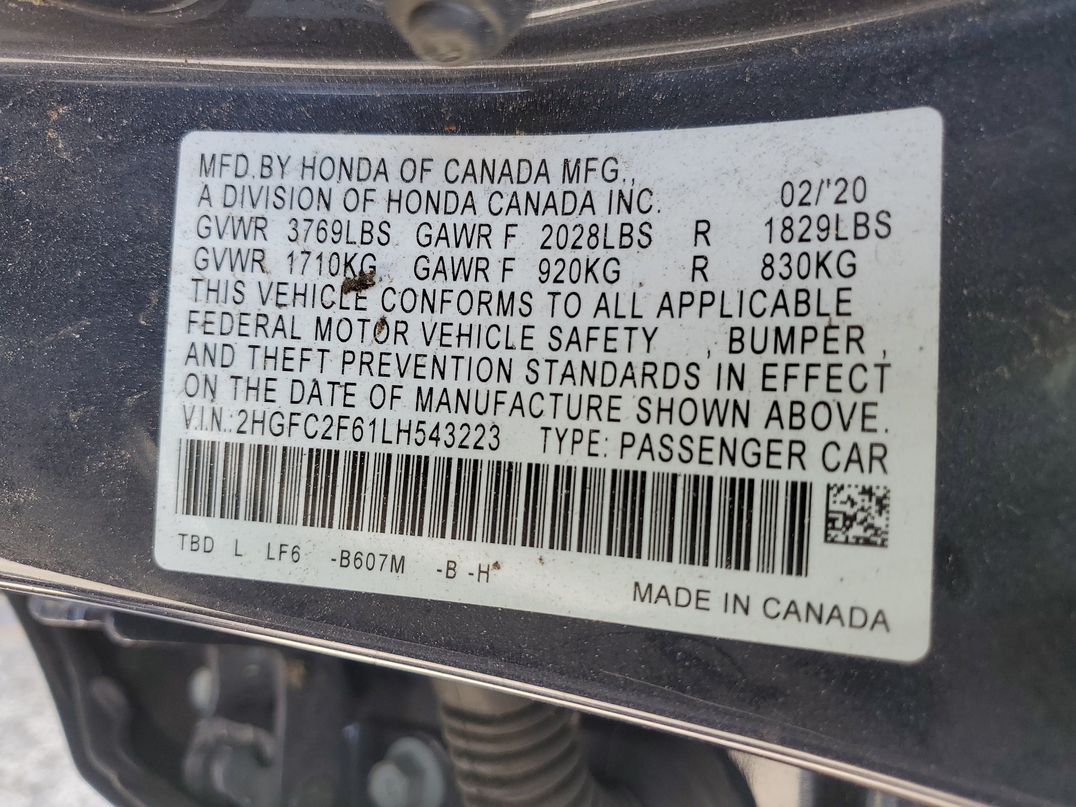 2HGFC2F61LH543223 2020 Honda Civic Lx