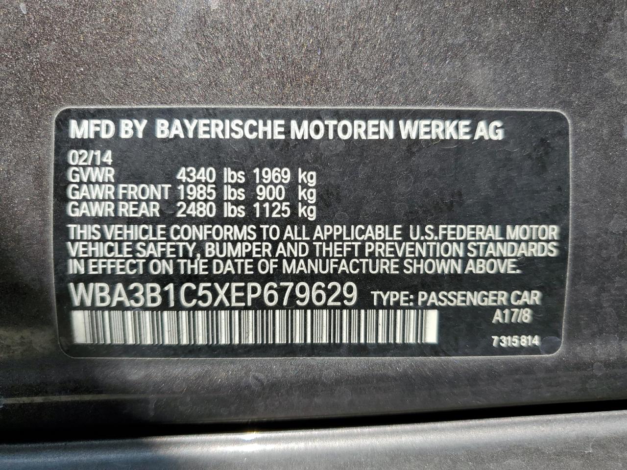2014 BMW 320 I VIN: WBA3B1C5XEP679629 Lot: 56588784