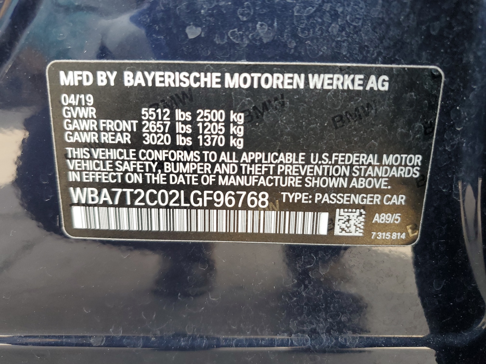 WBA7T2C02LGF96768 2020 BMW 740 I