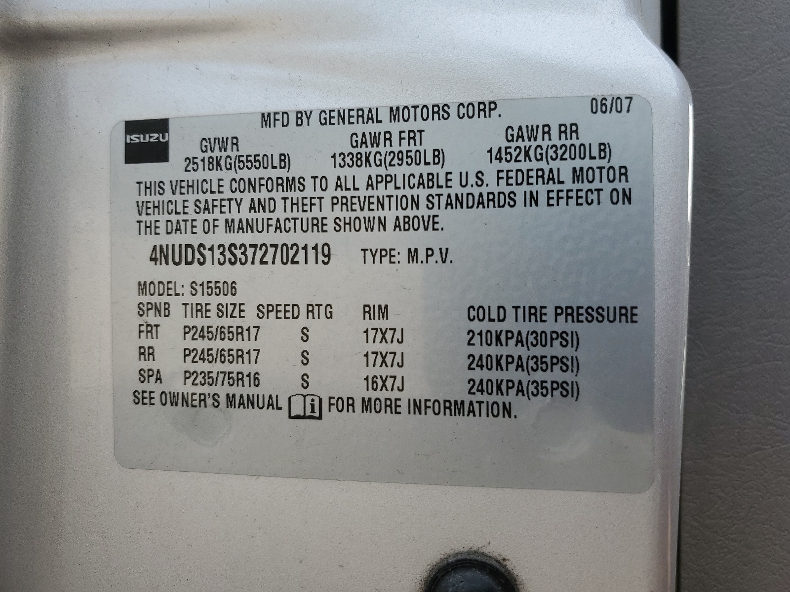 4NUDS13S372702119 2007 Isuzu Ascender S