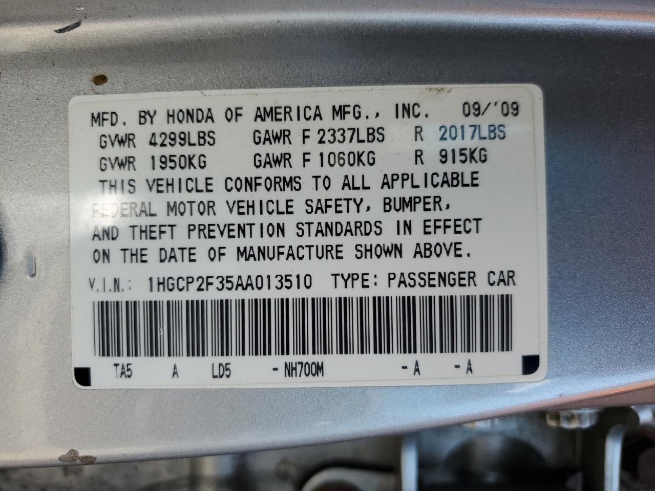 2010 Honda Accord Lx VIN: 1HGCP2F35AA013510 Lot: 53166984