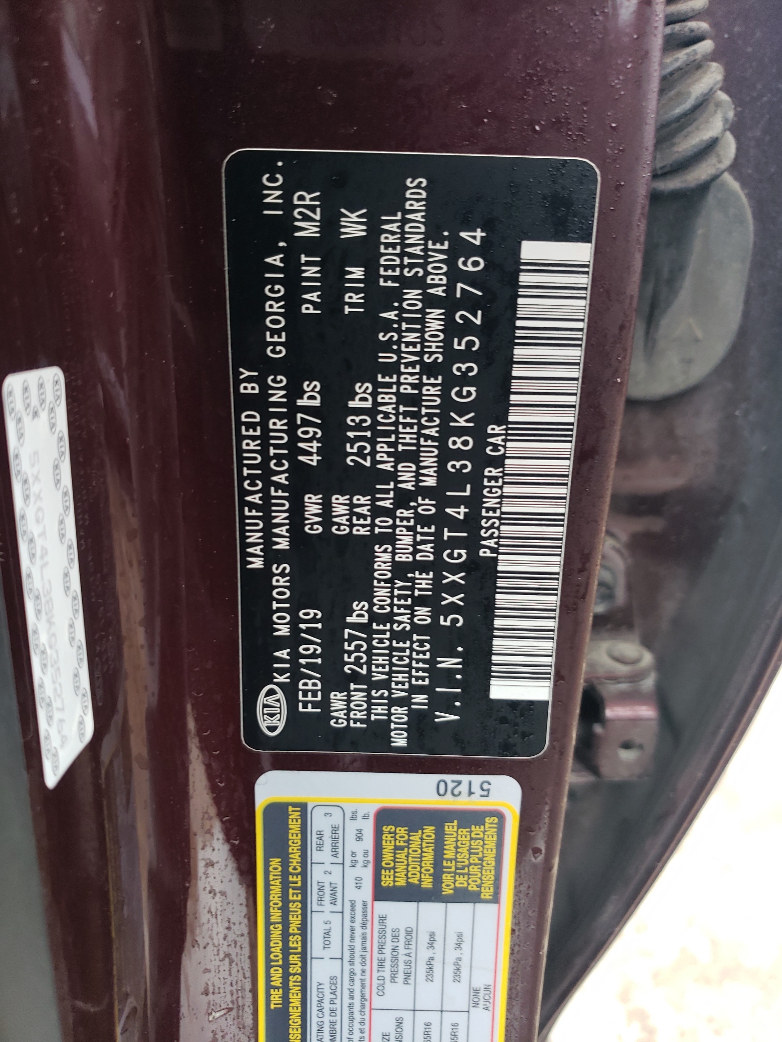 5XXGT4L38KG352764 2019 Kia Optima Lx