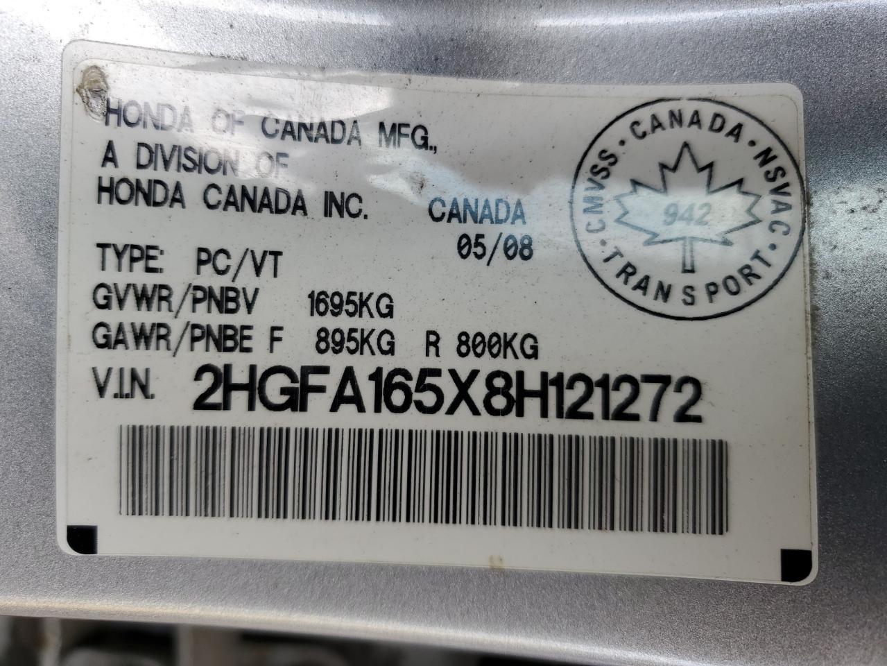 2008 Honda Civic Lx VIN: 2HGFA165X8H121272 Lot: 54596874