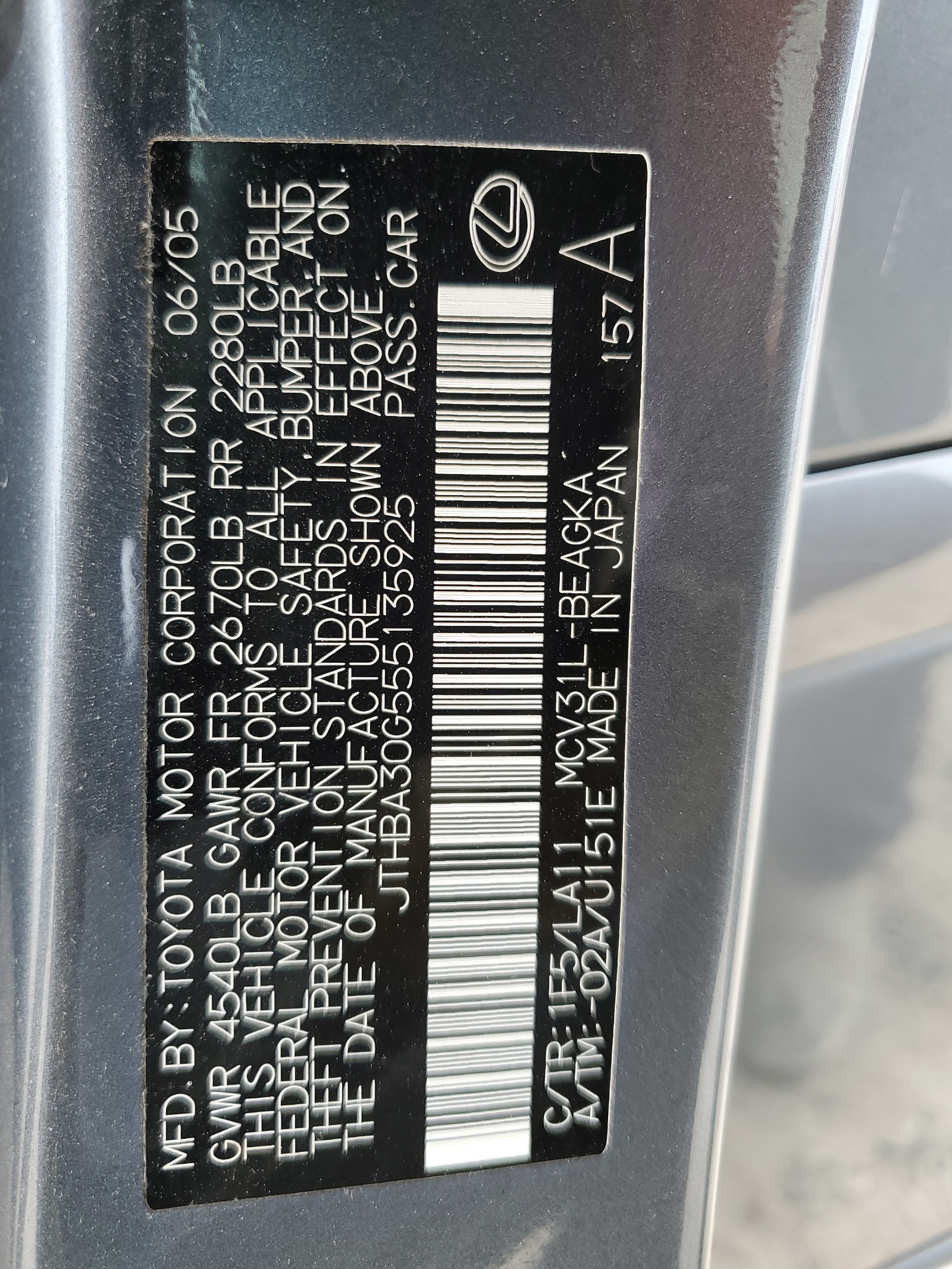 JTHBA30G555135925 2005 Lexus Es 330