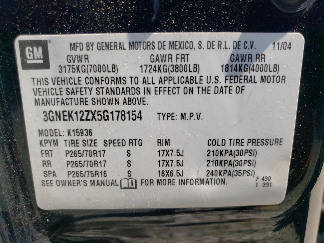 3GNEK12ZX5G178154 2005 Chevrolet Avalanche K1500