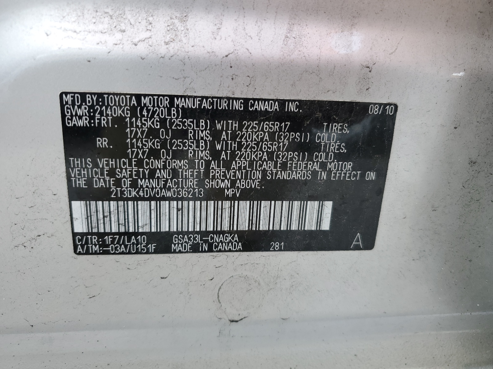 2T3DK4DV0AW036213 2010 Toyota Rav4 Limited