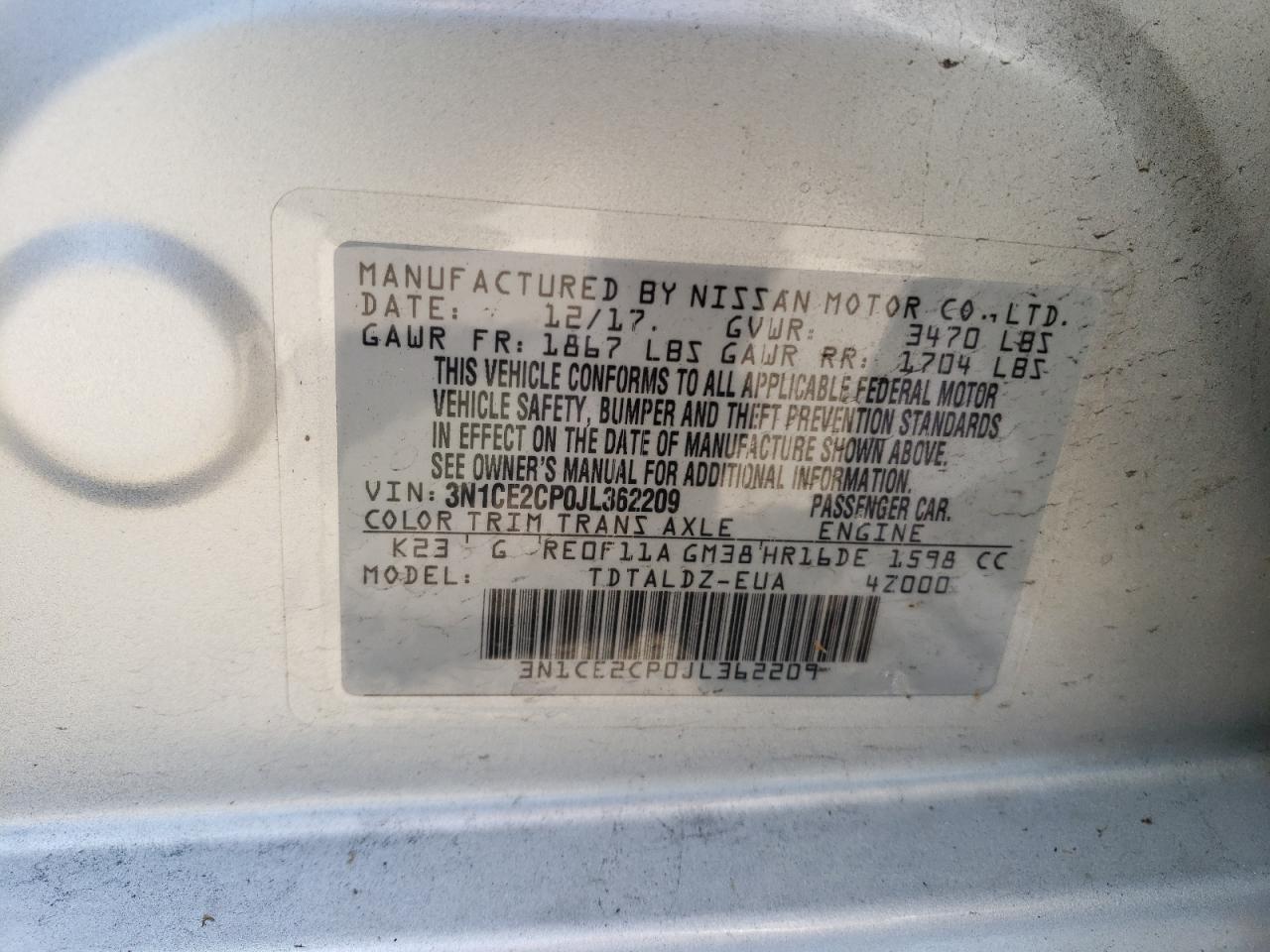 2018 Nissan Versa Note S VIN: 3N1CE2CP0JL362209 Lot: 63165804