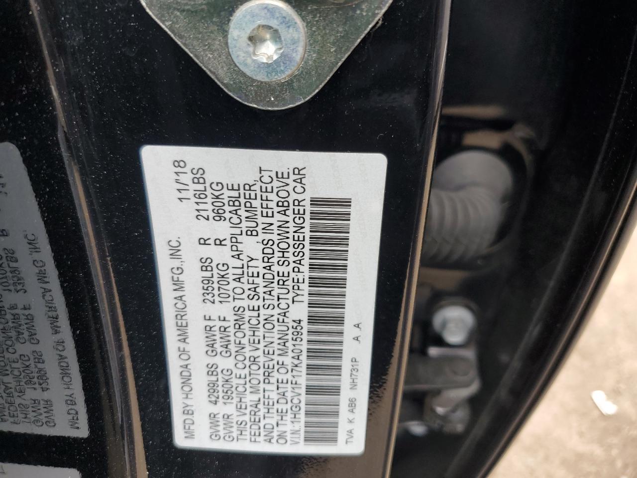 1HGCV1F17KA015954 2019 Honda Accord Lx