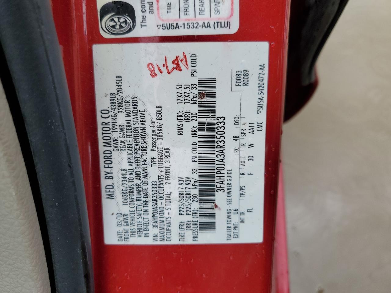 2010 Ford Fusion Sel VIN: 3FAHP0JA3AR350333 Lot: 55014584