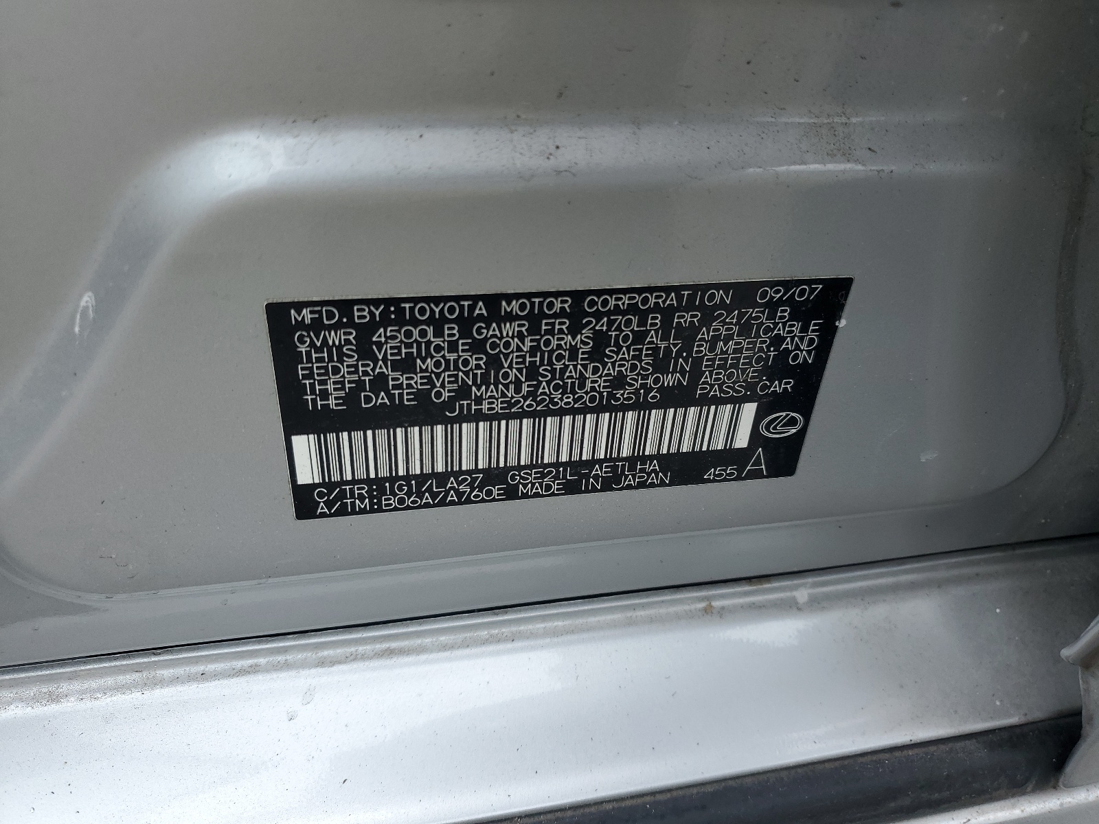 JTHBE262382013516 2008 Lexus Is 350