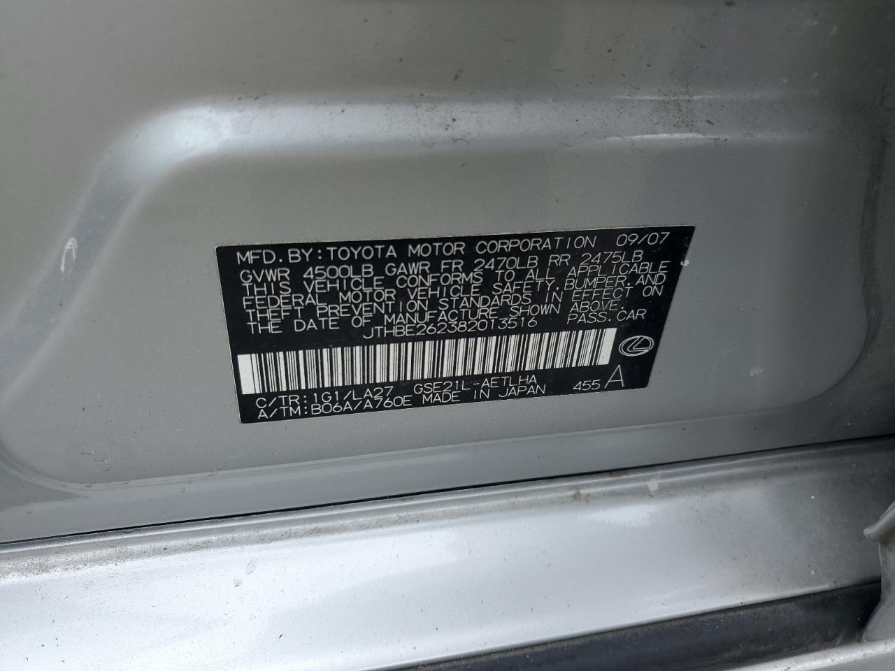 2008 Lexus Is 350 VIN: JTHBE262382013516 Lot: 56247304