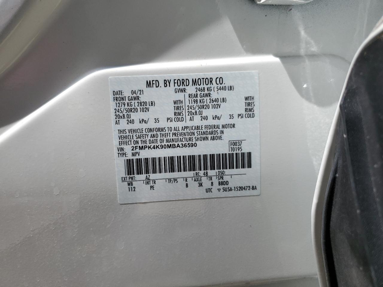 2021 Ford Edge Titanium VIN: 2FMPK4K90MBA36590 Lot: 57046324