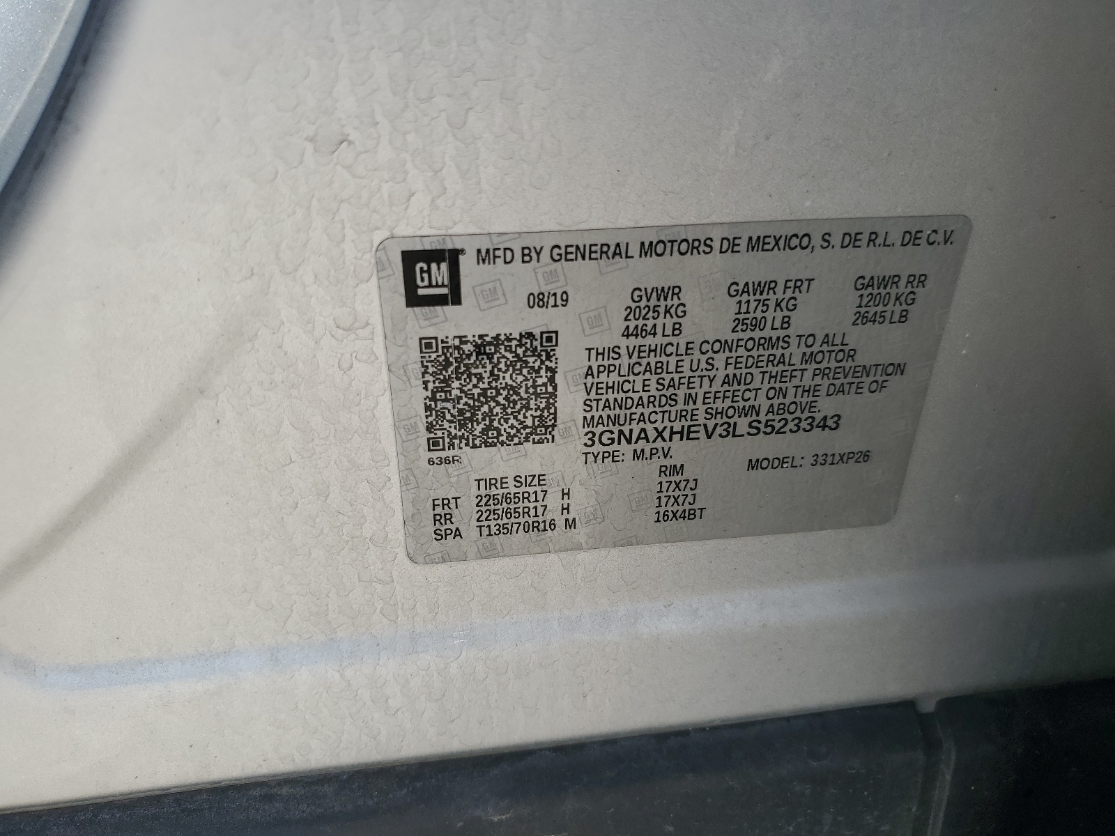 3GNAXHEV3LS523343 2020 Chevrolet Equinox Ls