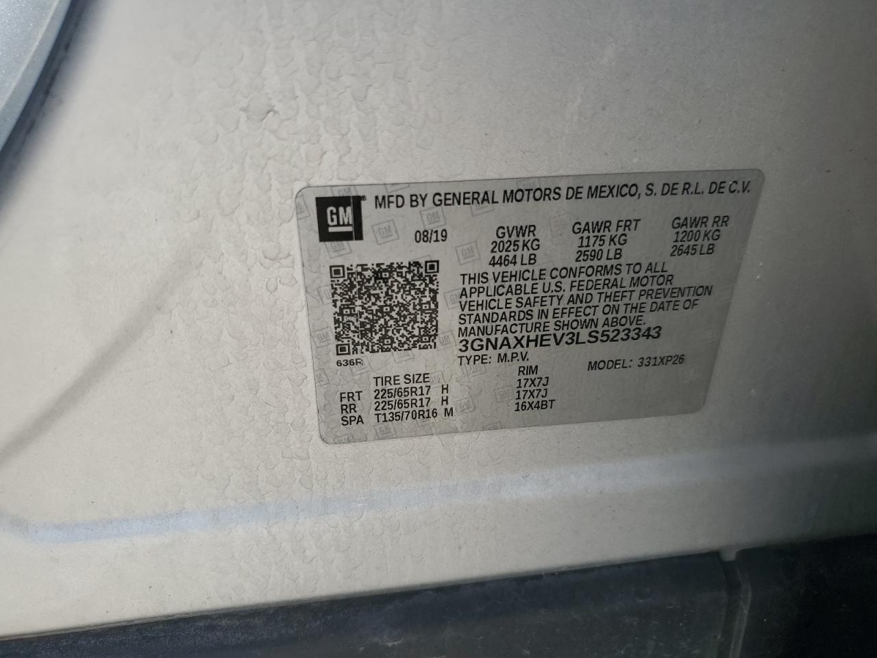 2020 Chevrolet Equinox Ls VIN: 3GNAXHEV3LS523343 Lot: 55835504