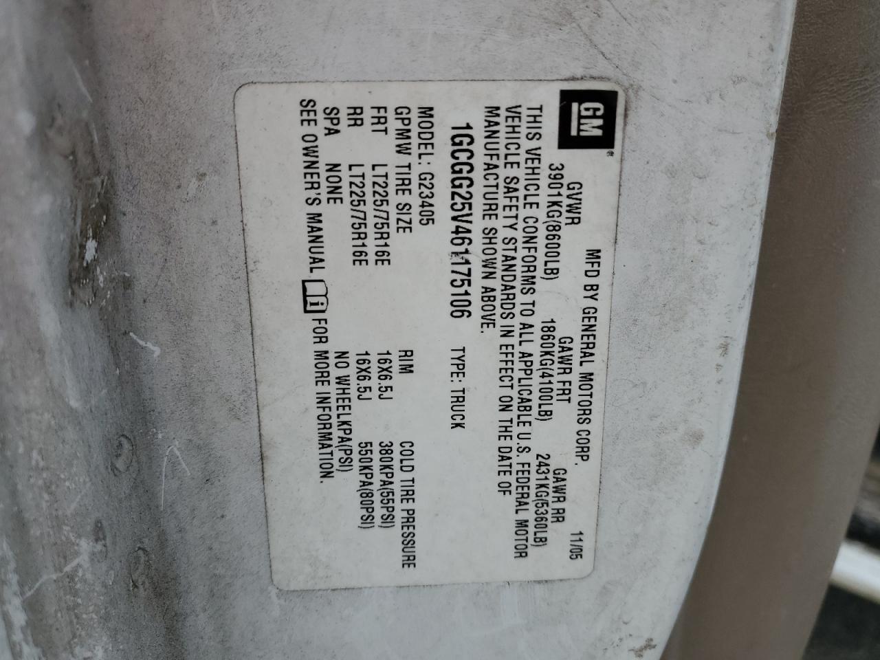 2006 Chevrolet Express G2500 VIN: 1GCGG25V461175106 Lot: 56561774