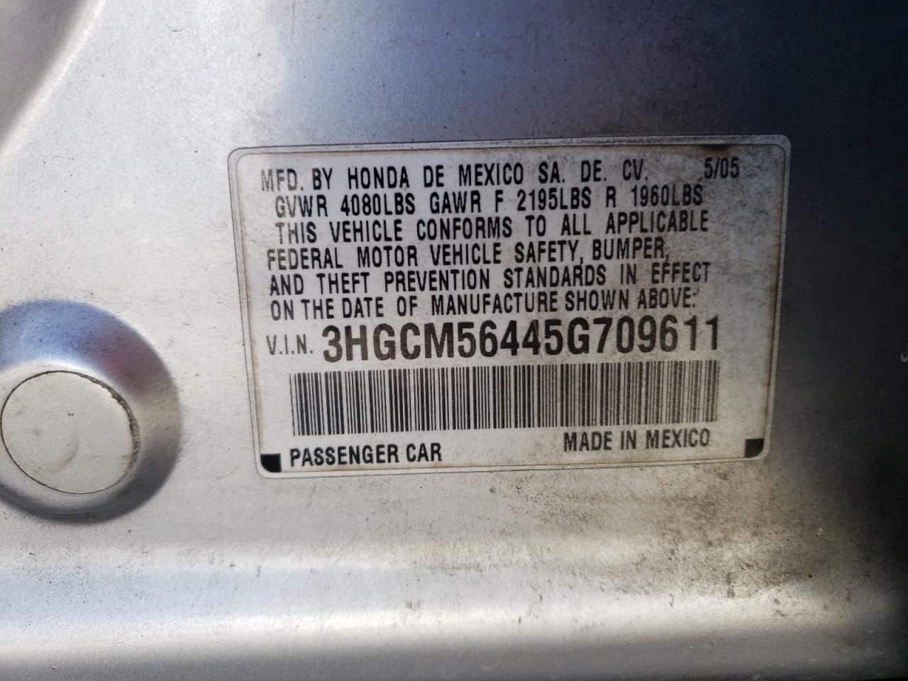2005 Honda Accord Lx VIN: 3HGCM56445G709611 Lot: 54121924