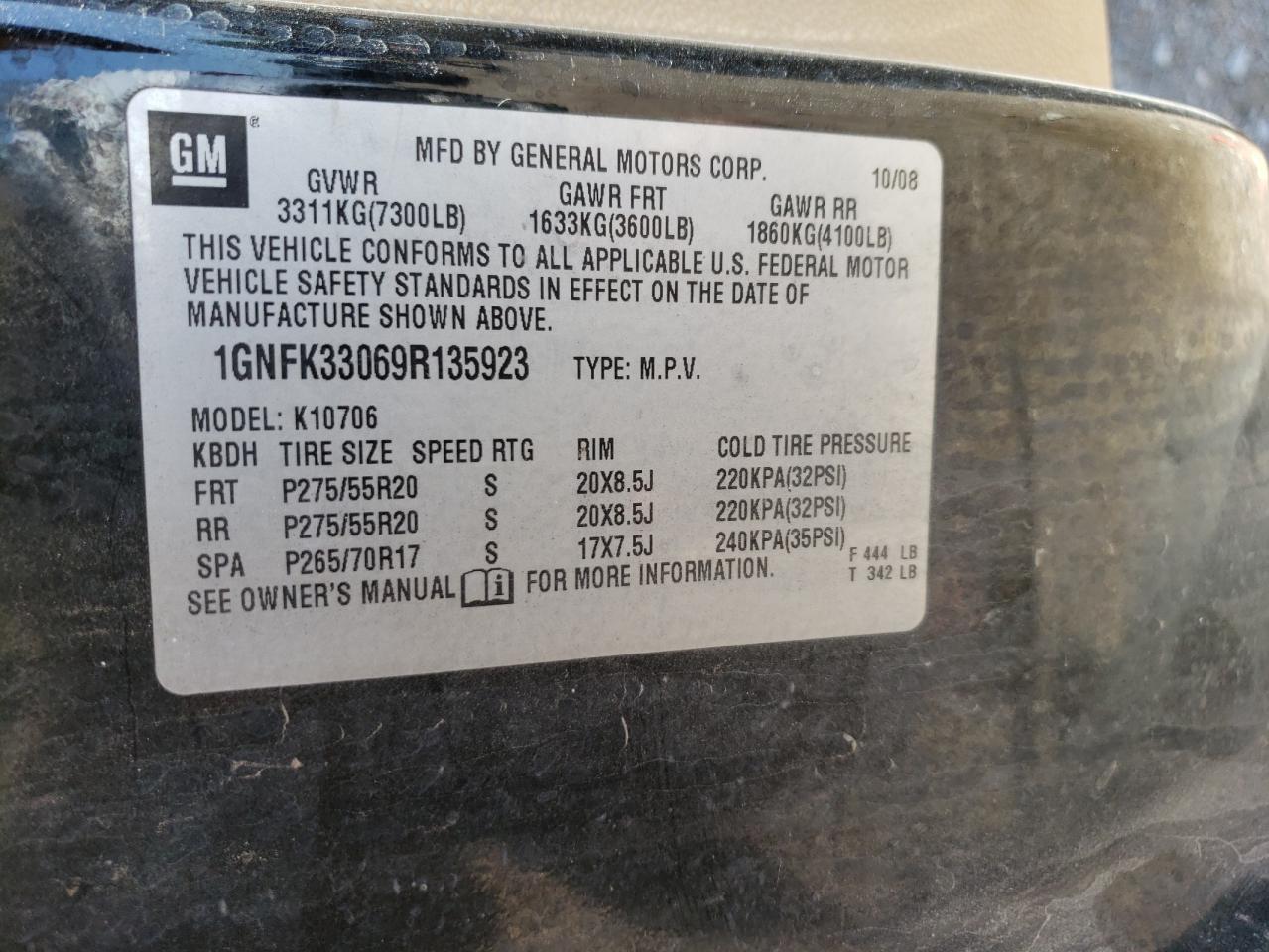 2009 Chevrolet Tahoe K1500 Ltz VIN: 1GNFK33069R135923 Lot: 55371854