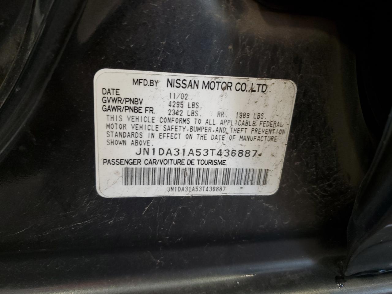 2003 Nissan Maxima Gle VIN: JN1DA31A53T436887 Lot: 54621354