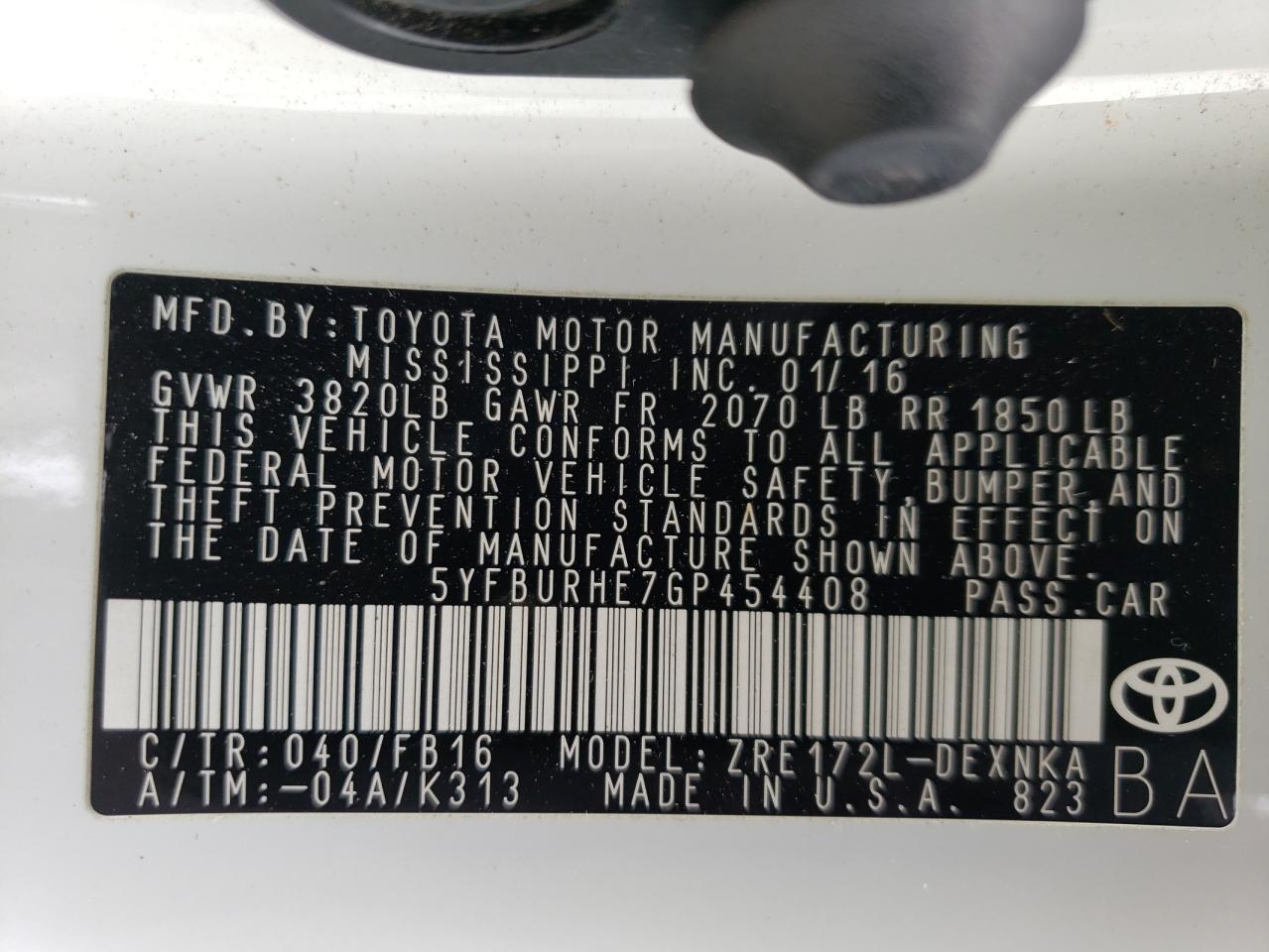 2016 Toyota Corolla L VIN: 5YFBURHE7GP454408 Lot: 55717674