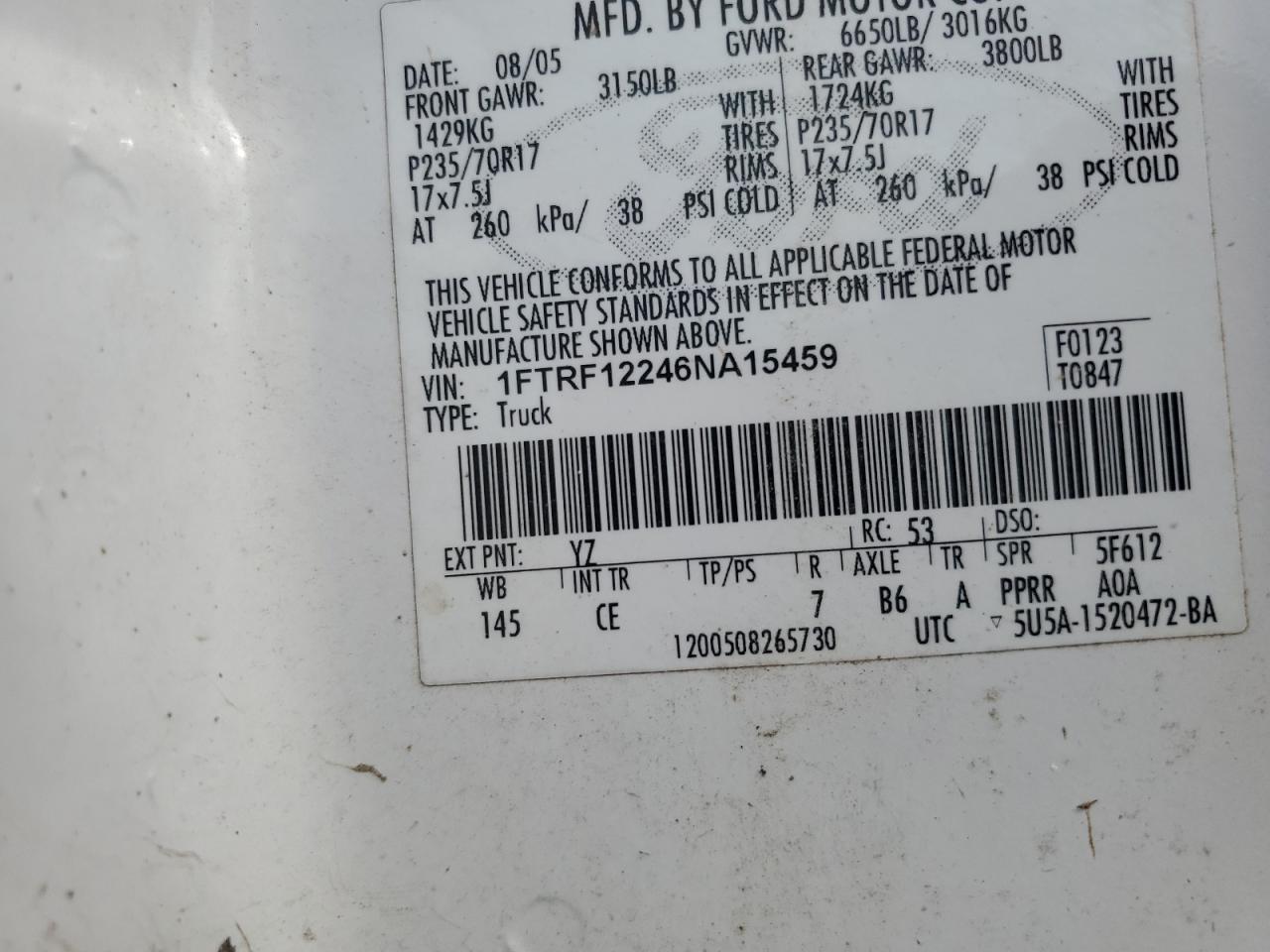 2006 Ford F150 VIN: 1FTRF12246NA15459 Lot: 55321204