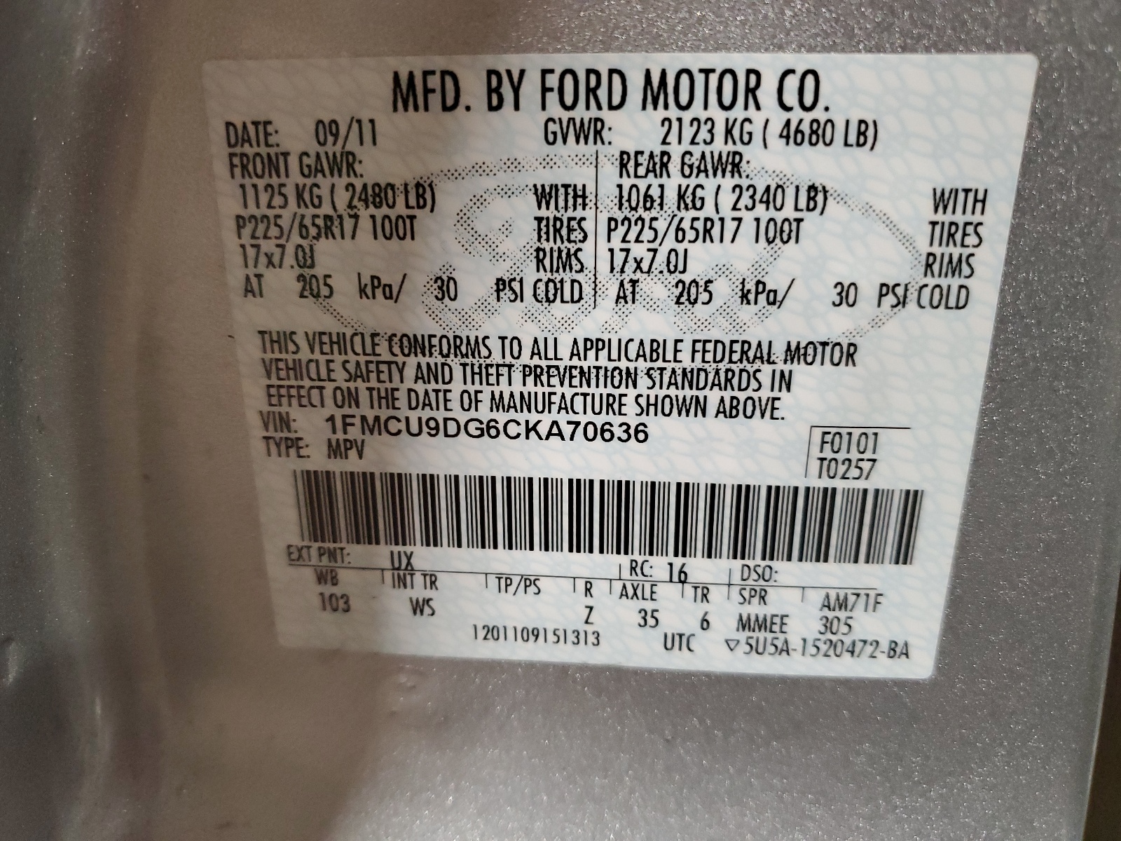 1FMCU9DG6CKA70636 2012 Ford Escape Xlt