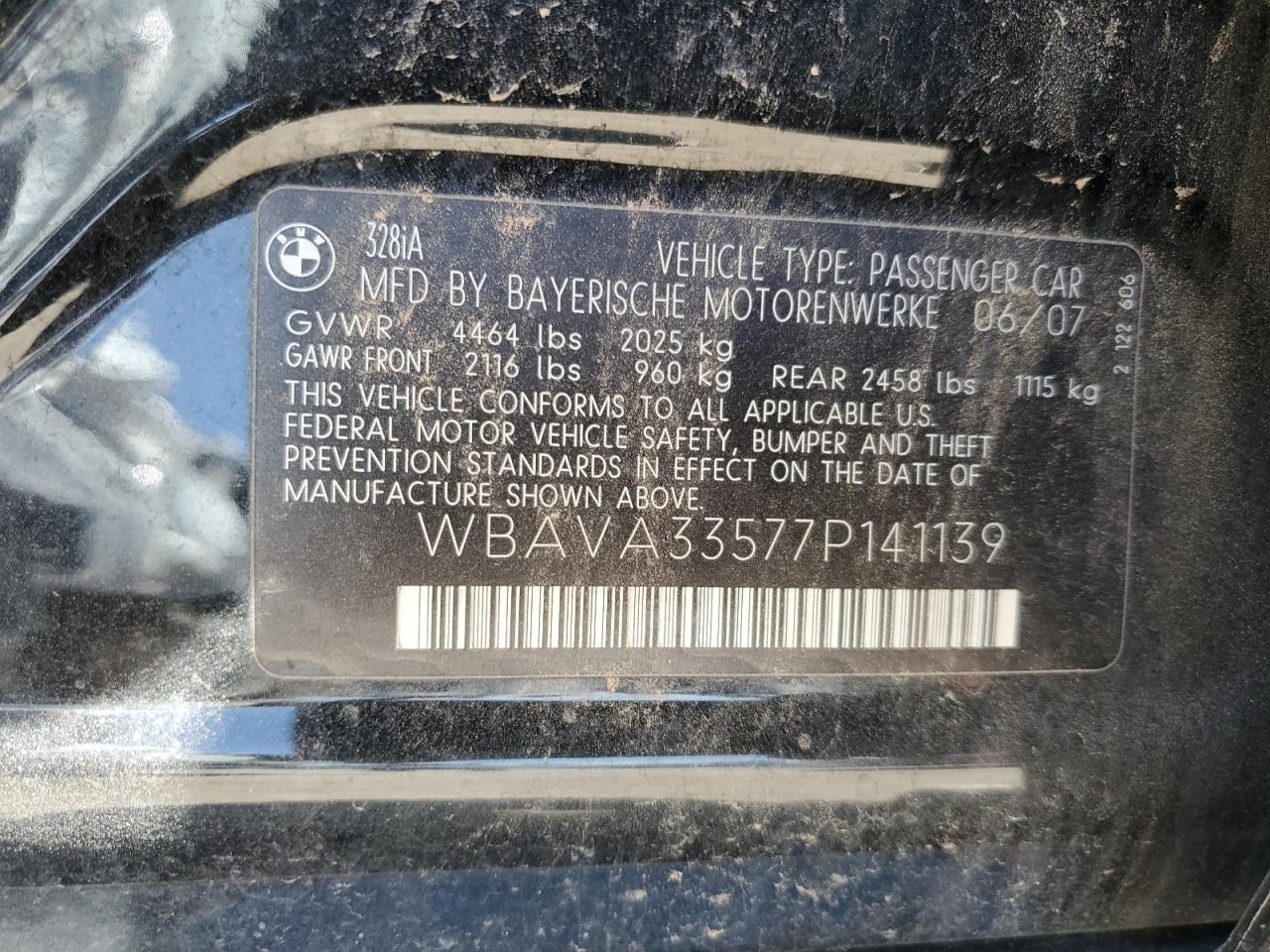 2007 BMW 328 I VIN: WBAVA33577P141139 Lot: 54851404