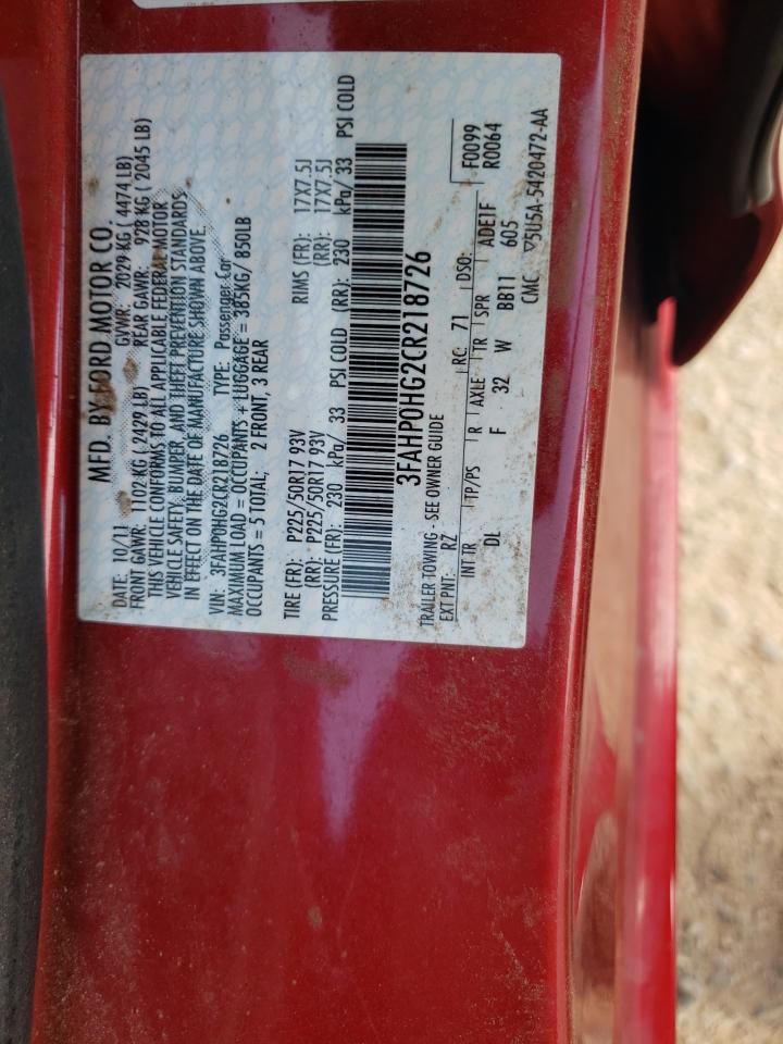 2012 Ford Fusion Se VIN: 3FAHP0HG2CR218726 Lot: 54516224