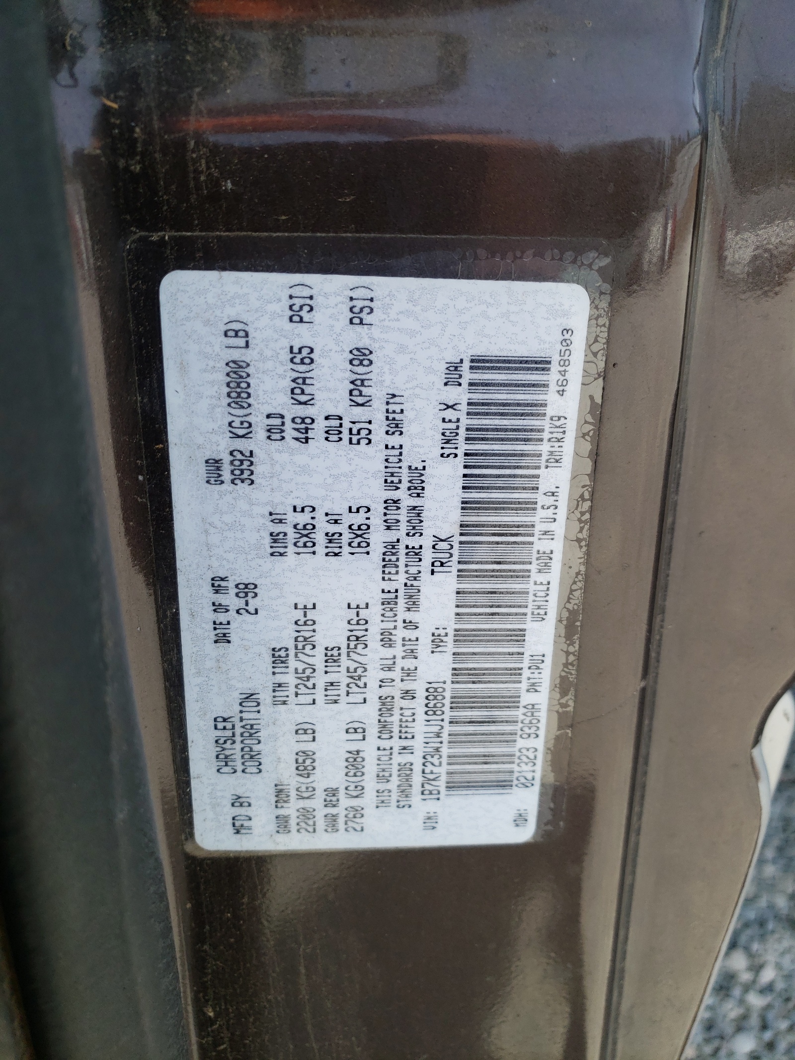 1B7KF23W1WJ186881 1998 Dodge Ram 2500