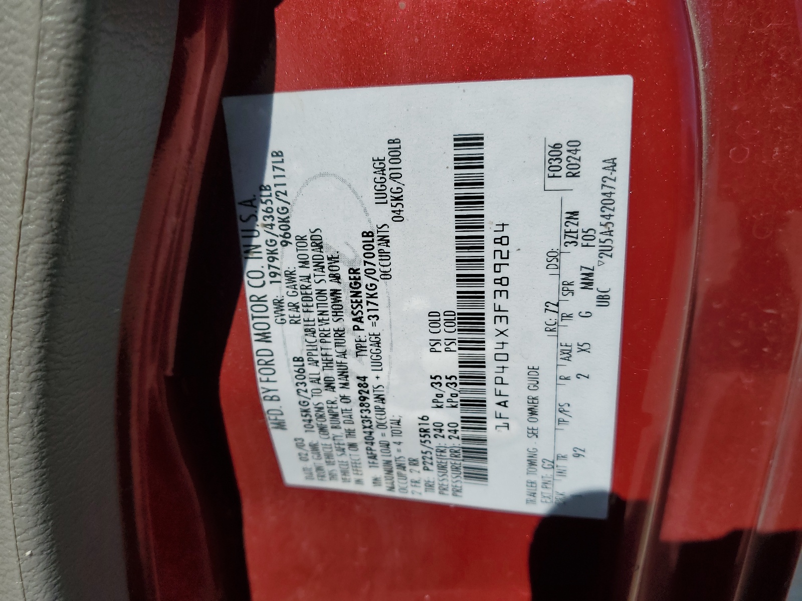 1FAFP404X3F389284 2003 Ford Mustang