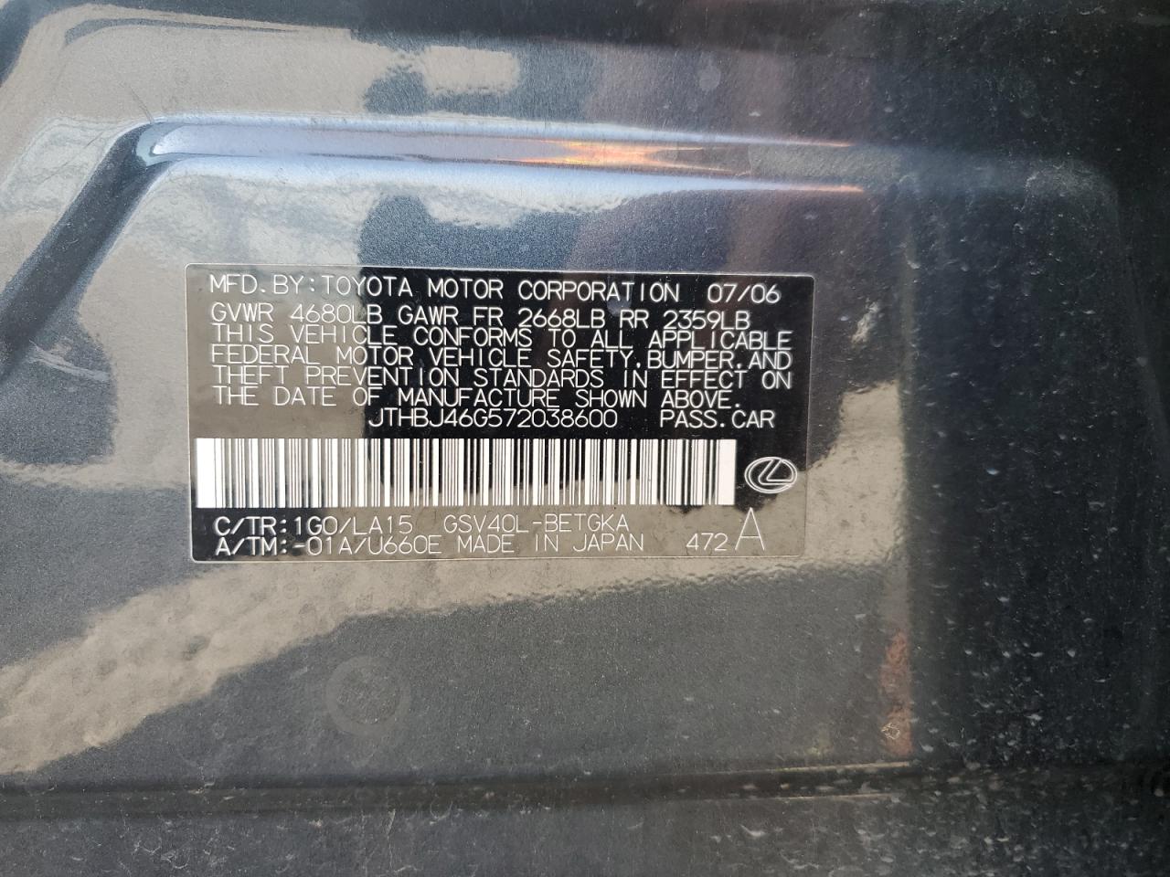 2007 Lexus Es 350 VIN: JTHBJ46G572038600 Lot: 57074184