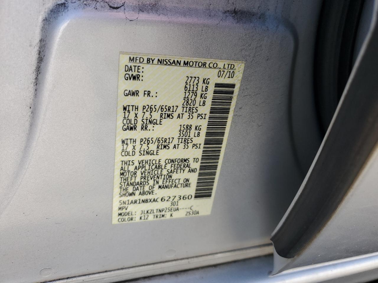 2010 Nissan Pathfinder S VIN: 5N1AR1NBXAC627360 Lot: 59317634